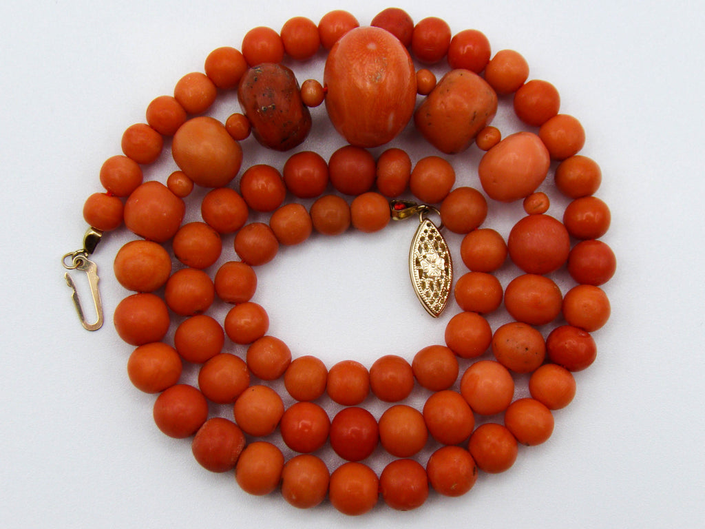 antique coral, natural coral, undyed coral, dark orange coral, Italian coral, pacific coral, Sardinian Coral, sea coral, Mediterranean coral, Mediterranean necklace, Mediterranean chain, coral necklace, handcarved coral, 14 karat gold clasp
