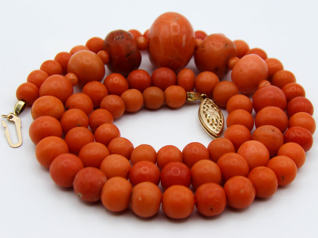 antique coral, natural coral, undyed coral, dark orange coral, Italian coral, pacific coral, Sardinian Coral, sea coral, Mediterranean coral, Mediterranean necklace, Mediterranean chain, coral necklace, handcarved coral, 14 karat gold clasp