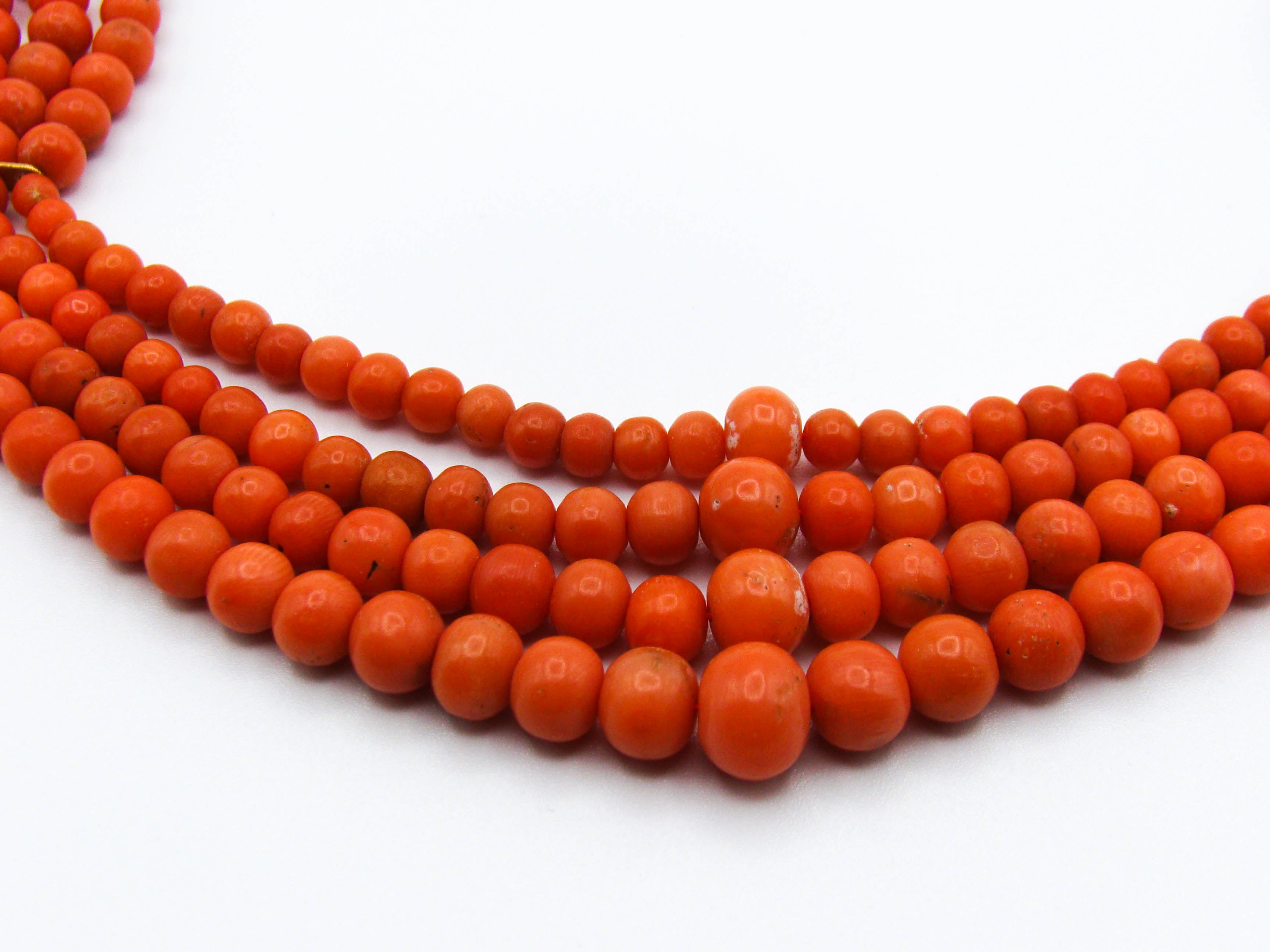 antique coral, natural coral, undyed coral, Italian coral, pacific coral, Sardinian Coral, Coral beads, Coral Rosary beads, Coral chain, Coral necklace, sea coral, Mediterranean coral, 4 strand chain, orange beads, orange coral