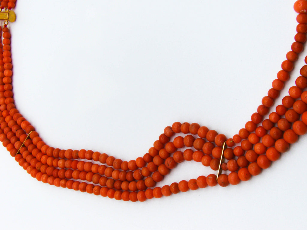 antique coral, natural coral, undyed coral, Italian coral, pacific coral, Sardinian Coral, Coral beads, Coral Rosary beads, Coral chain, Coral necklace, sea coral, Mediterranean coral, 4 strand chain, orange beads, orange coral