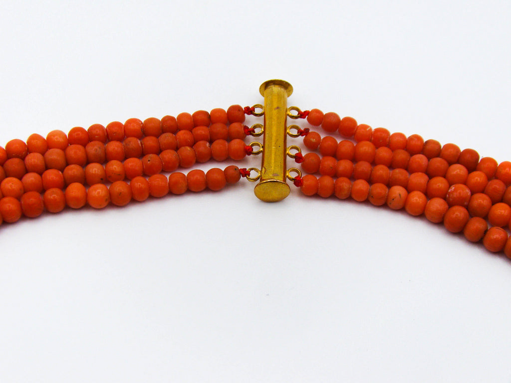 antique coral, natural coral, undyed coral, Italian coral, pacific coral, Sardinian Coral, Coral beads, Coral Rosary beads, Coral chain, Coral necklace, sea coral, Mediterranean coral, 4 strand chain, orange beads, orange coral