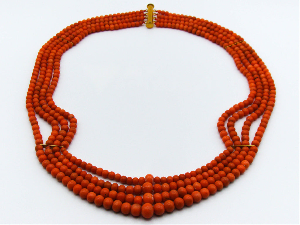 antique coral, natural coral, undyed coral, Italian coral, pacific coral, Sardinian Coral, Coral beads, Coral Rosary beads, Coral chain, Coral necklace, sea coral, Mediterranean coral, 4 strand chain, orange beads, orange coral