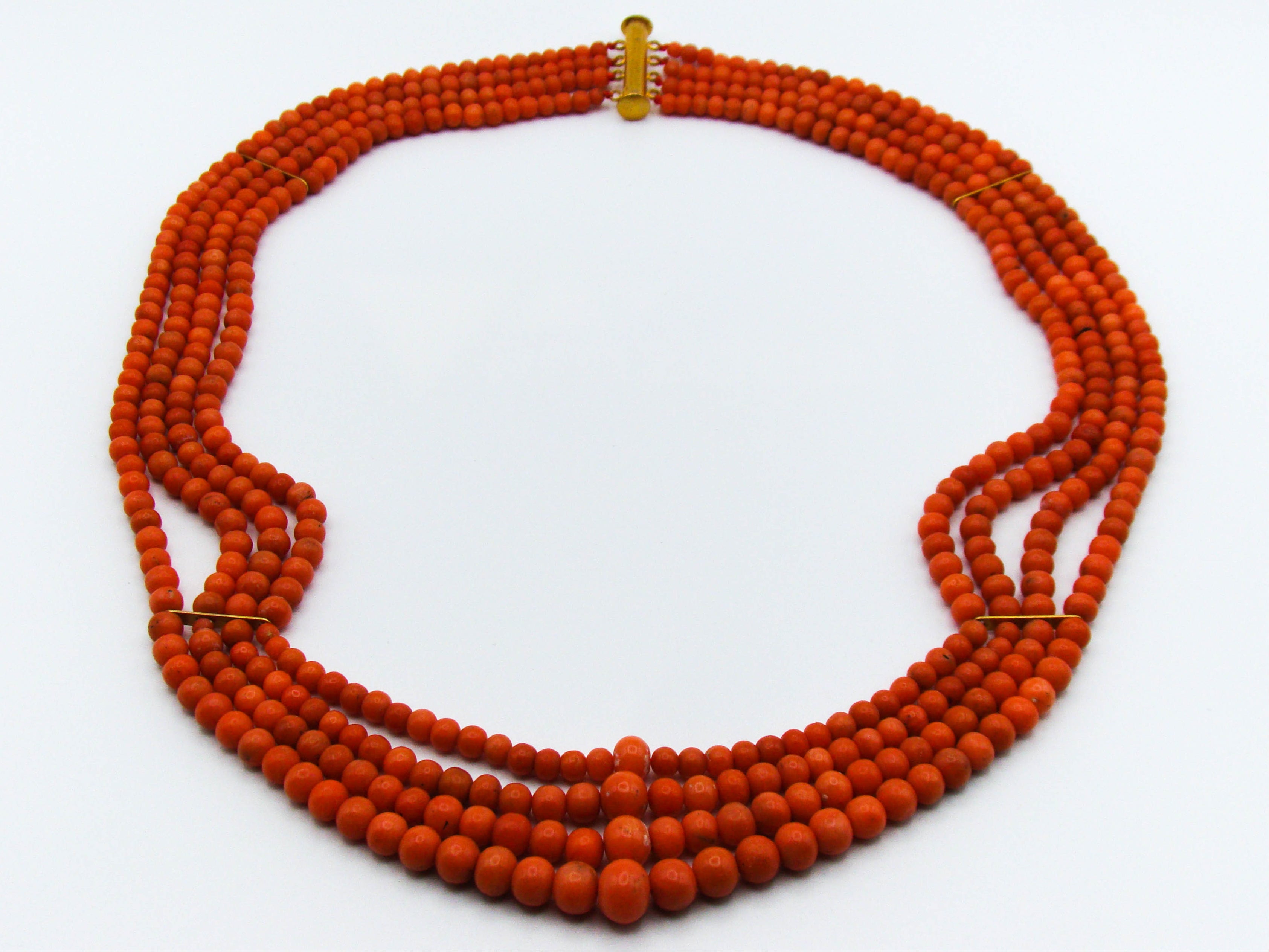 antique coral, natural coral, undyed coral, Italian coral, pacific coral, Sardinian Coral, Coral beads, Coral Rosary beads, Coral chain, Coral necklace, sea coral, Mediterranean coral, 4 strand chain, orange beads, orange coral