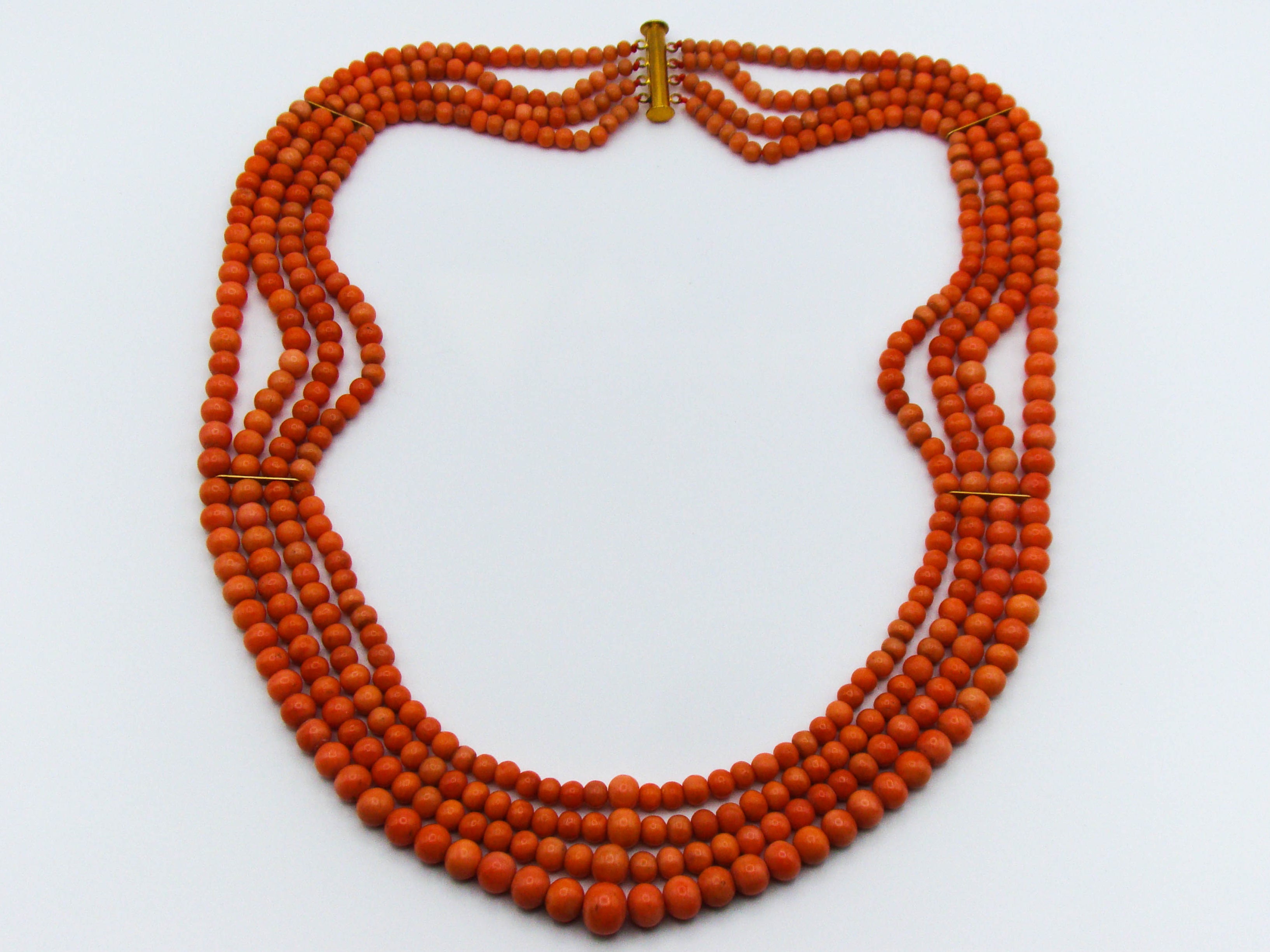 antique coral, natural coral, undyed coral, Italian coral, pacific coral, Sardinian Coral, Coral beads, Coral Rosary beads, Coral chain, Coral necklace, sea coral, Mediterranean coral, 4 strand chain, orange beads, orange coral
