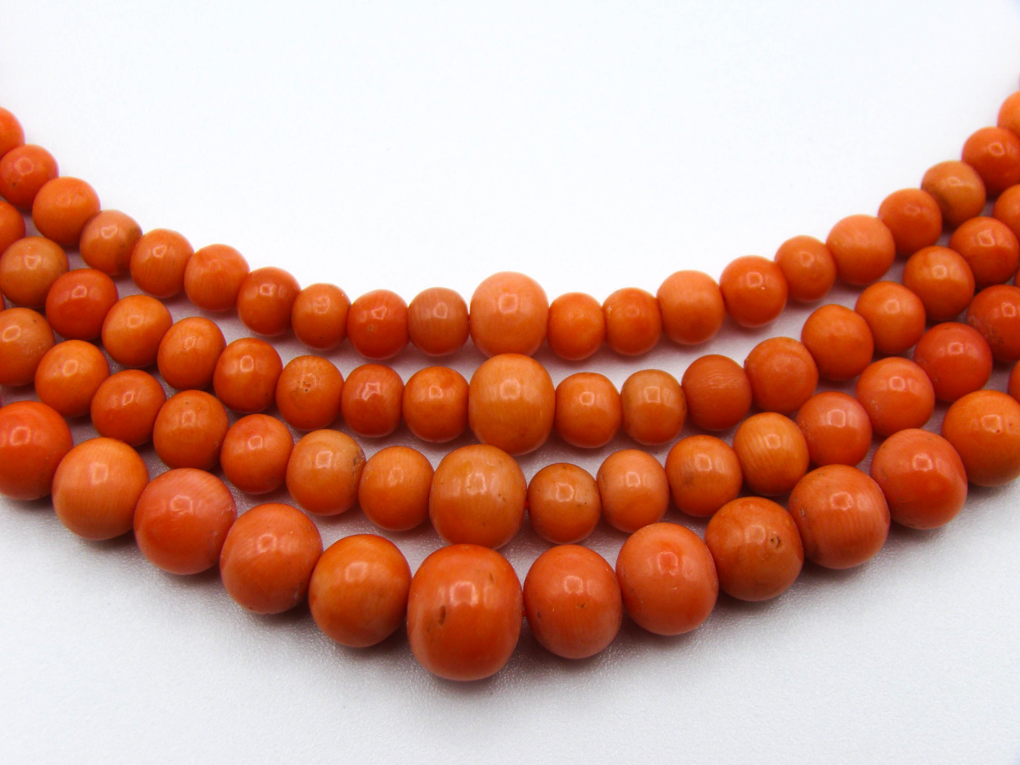 antique coral, natural coral, undyed coral, Italian coral, pacific coral, Sardinian Coral, Coral beads, Coral Rosary beads, Coral chain, Coral necklace, sea coral, Mediterranean coral, 4 strand chain, orange beads, orange coral