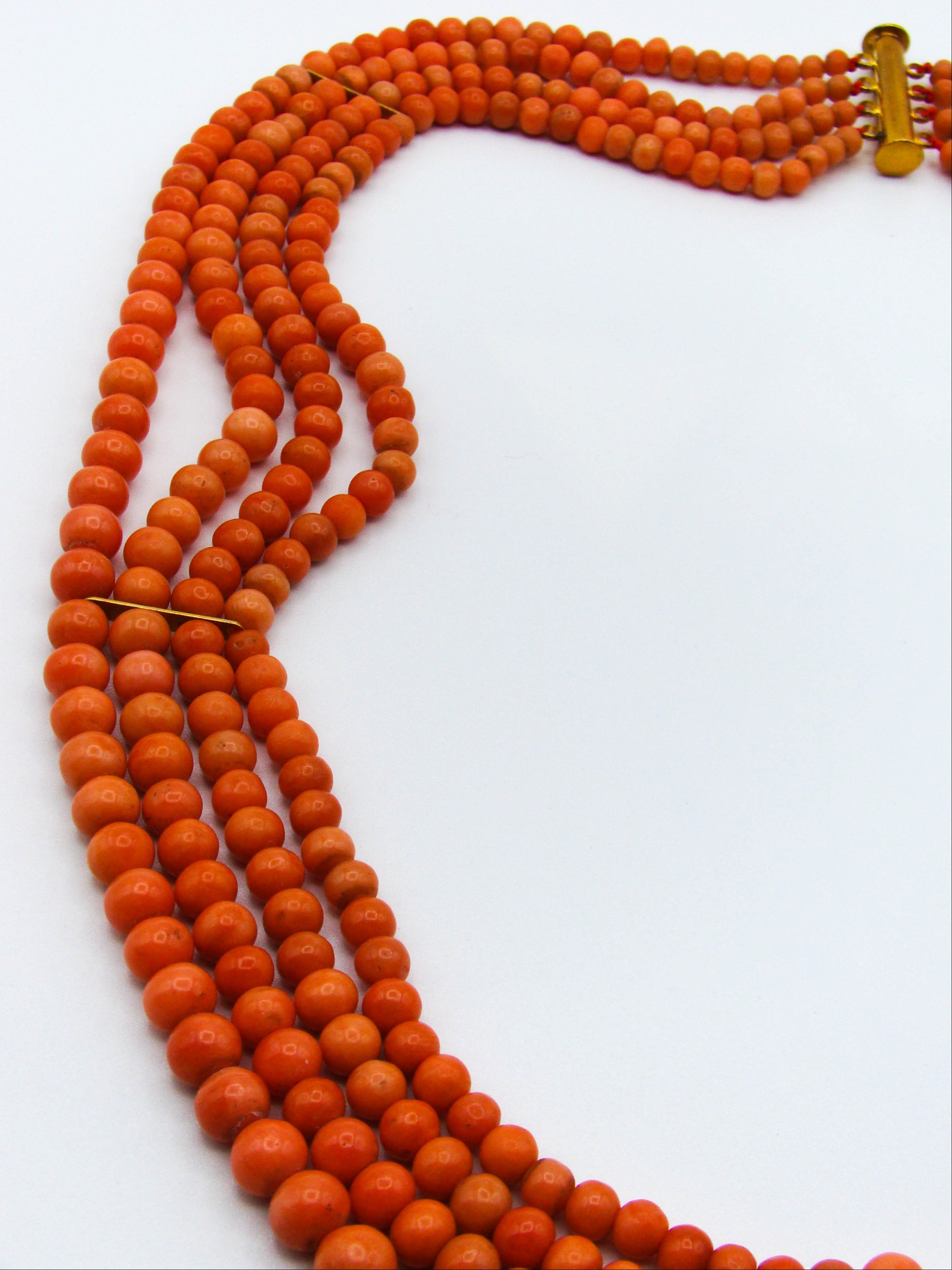 antique coral, natural coral, undyed coral, Italian coral, pacific coral, Sardinian Coral, Coral beads, Coral Rosary beads, Coral chain, Coral necklace, sea coral, Mediterranean coral, 4 strand chain, orange beads, orange coral
