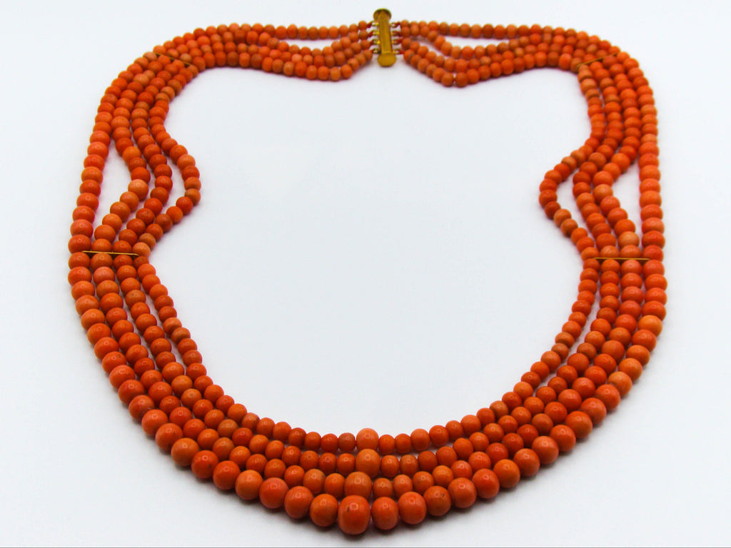 antique coral, natural coral, undyed coral, Italian coral, pacific coral, Sardinian Coral, Coral beads, Coral Rosary beads, Coral chain, Coral necklace, sea coral, Mediterranean coral, 4 strand chain, orange beads, orange coral