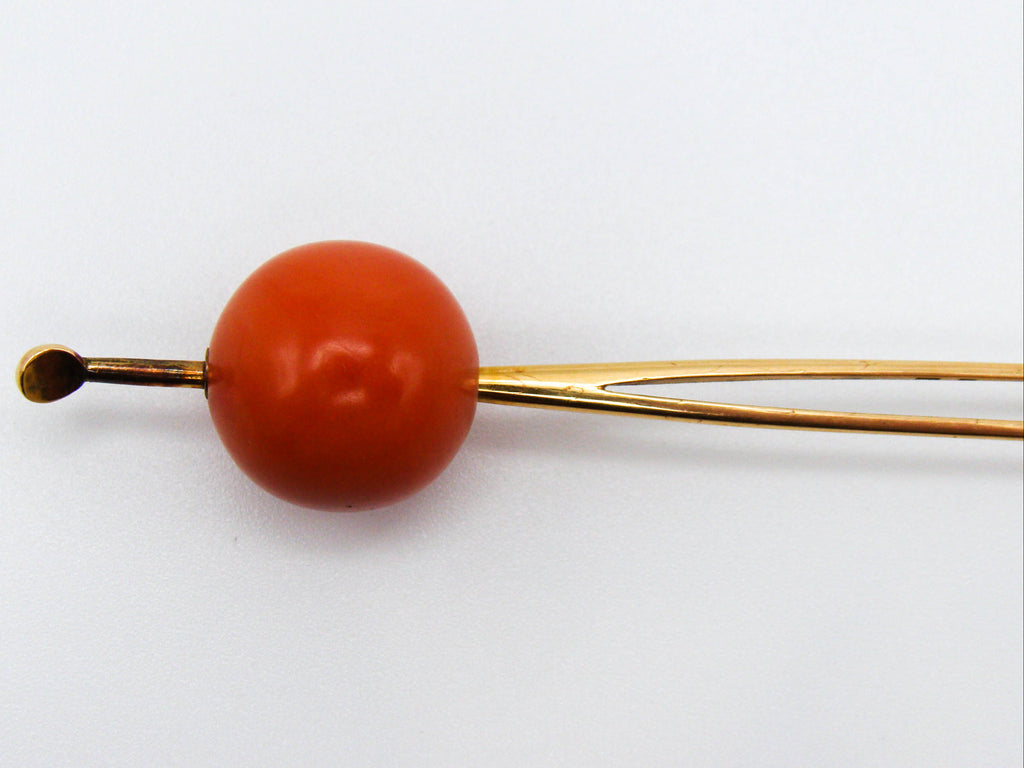 antique coral, natural coral, undyed coral, red coral, blood red coral, aka red coral, Italian coral, pacific coral, Sardinian Coral, sea coral, Mediterranean coral, Mediterranean pin, coral pin, handcarved coral, 21 karat gold