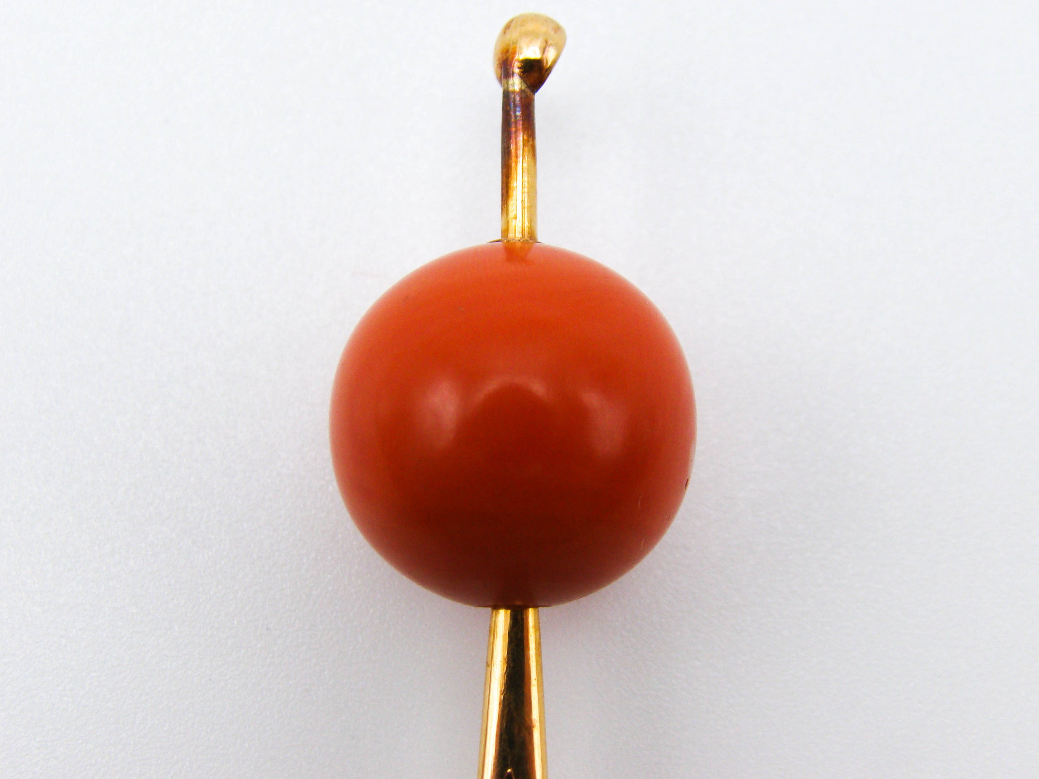 antique coral, natural coral, undyed coral, red coral, blood red coral, aka red coral, Italian coral, pacific coral, Sardinian Coral, sea coral, Mediterranean coral, Mediterranean pin, coral pin, handcarved coral, 21 karat gold