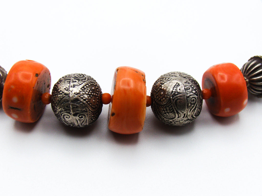 antique coral, natural coral, undyed coral, momo salmon coral, Italian coral, pacific coral, Sardinian Coral, sea coral, Mediterranean coral, Mediterranean necklace, Mediterranean chain, coral necklace, Mediterranean momo coral, handcarved coral, momo coral, 9 karat Gold clasp, salmon coral, Sterling silver