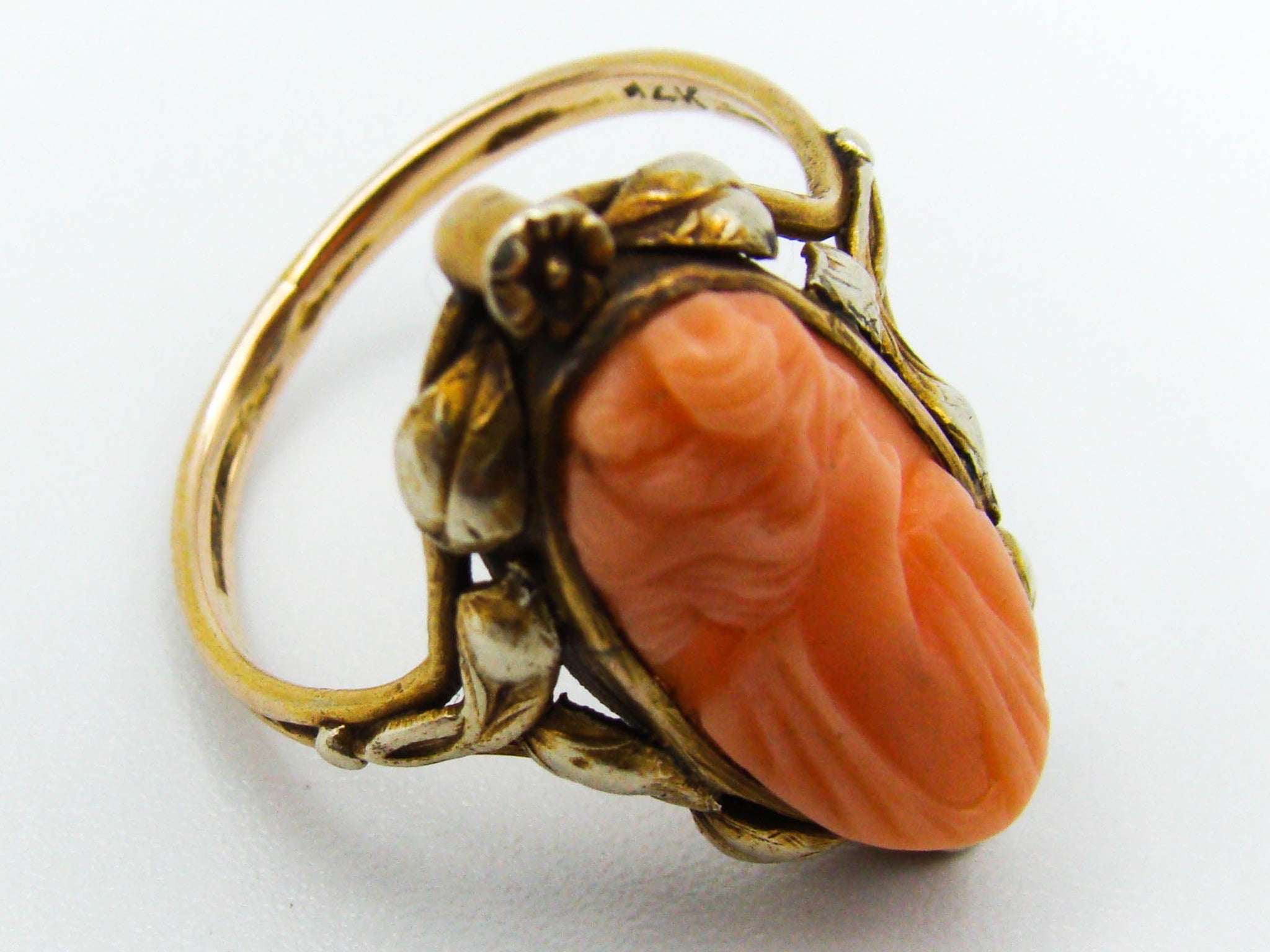 antique coral, natural coral, undyed coral, momo salmon coral, cameo coral, momo cameo, salmon cameo, Italian coral, pacific coral, Sardinian Coral, sea coral, Mediterranean coral, Mediterranean ring, coral ring, handcarved coral, 14 karat gold