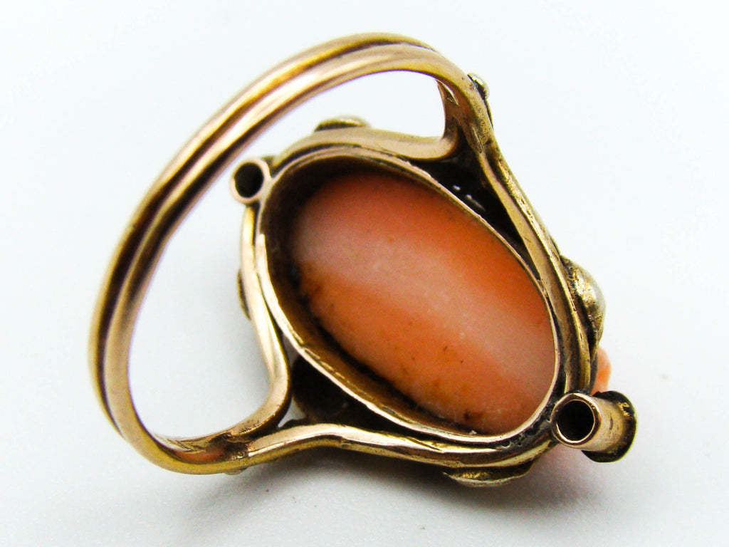 antique coral, natural coral, undyed coral, momo salmon coral, cameo coral, momo cameo, salmon cameo, Italian coral, pacific coral, Sardinian Coral, sea coral, Mediterranean coral, Mediterranean ring, coral ring, handcarved coral, 14 karat gold