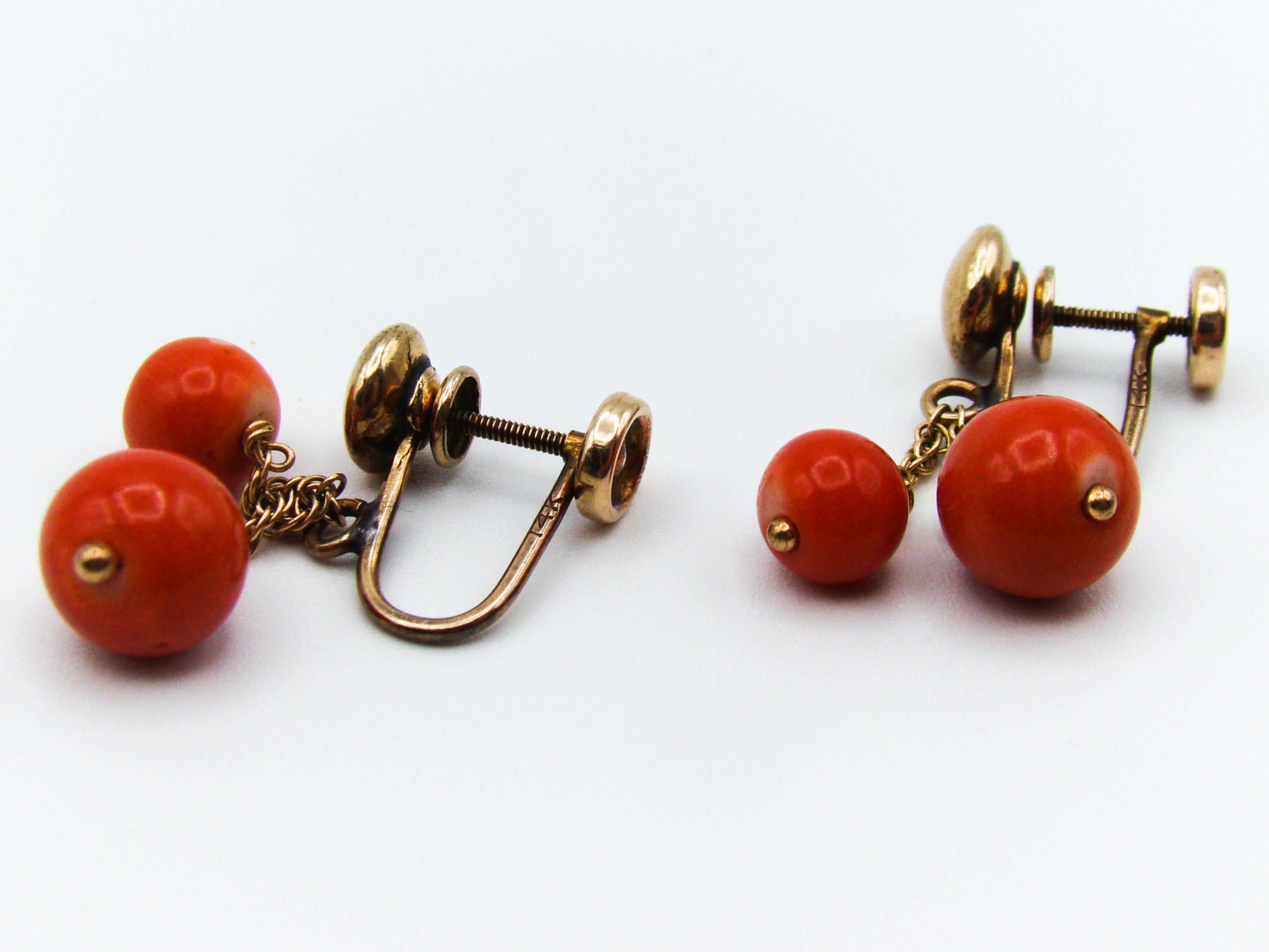 antique coral, natural coral, undyed coral, momo red coral, Italian coral, pacific coral, Sardinian Coral, sea coral, Mediterranean coral, Mediterranean earrings, Mediterranean momo coral, handcarved coral, momo coral, Coral earrings, 14 karat Gold