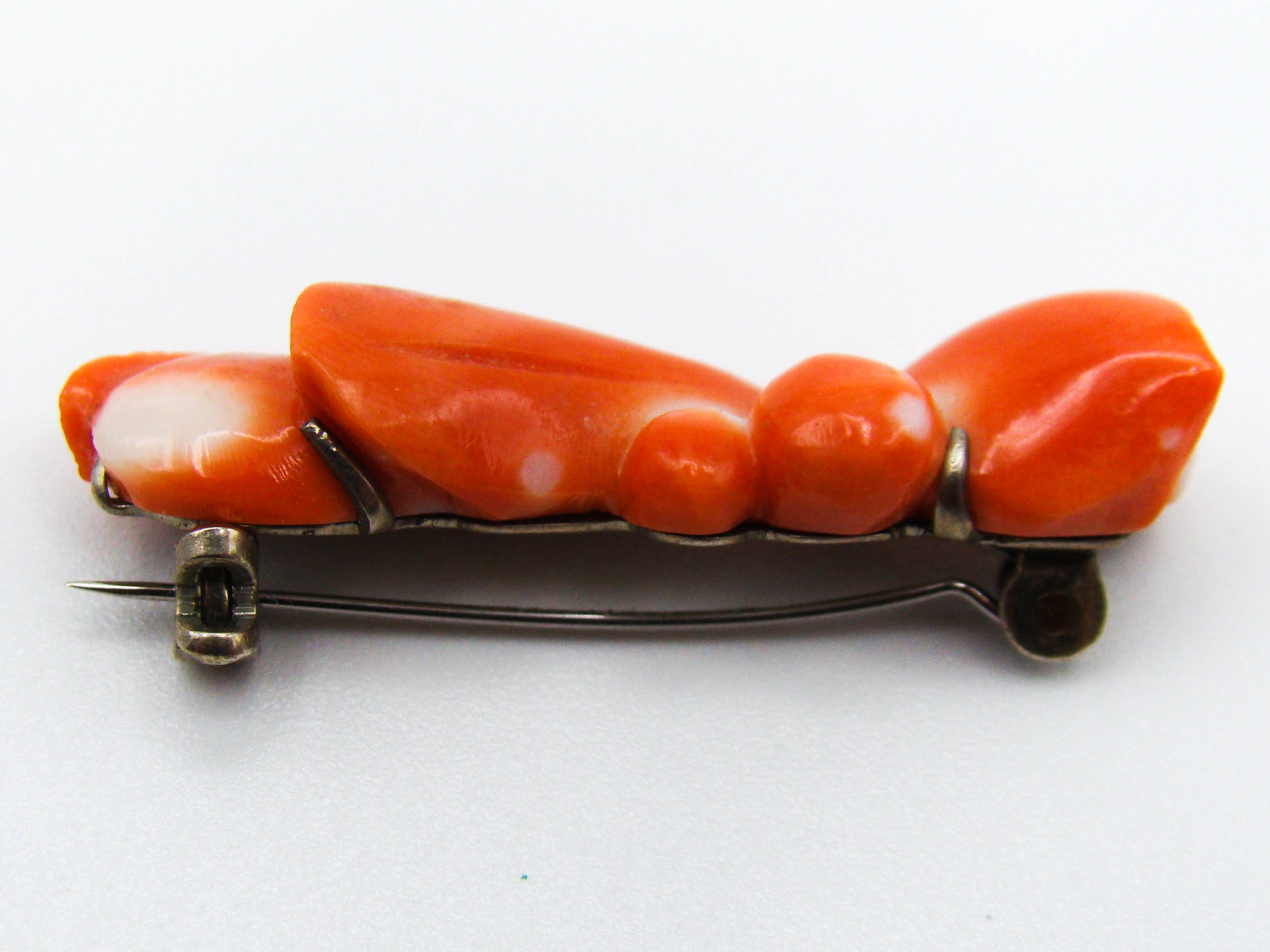 antique coral, natural coral, undyed coral, dark momo orange coral, Italian coral, pacific coral, Sardinian Coral sea coral, momo coral, coral brooch, Mediterranean brooch, Sterling silver