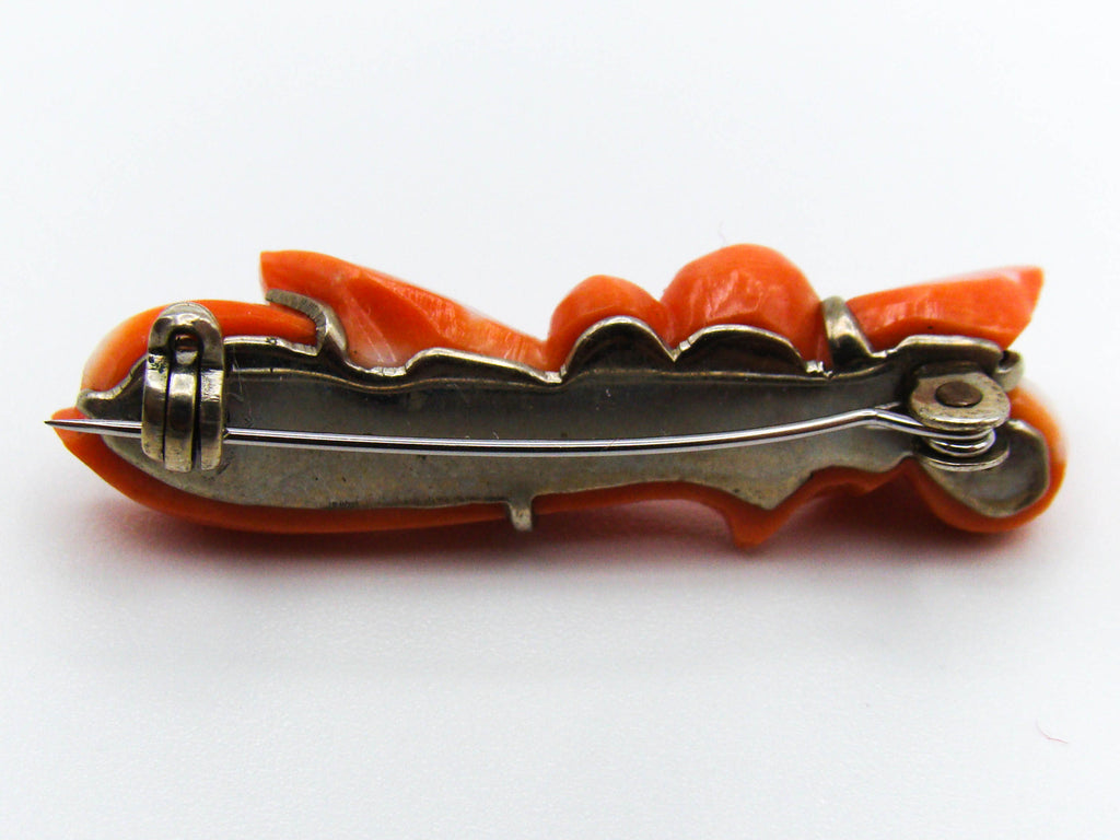 antique coral, natural coral, undyed coral, dark momo orange coral, Italian coral, pacific coral, Sardinian Coral sea coral, momo coral, coral brooch, Mediterranean brooch, Sterling silver