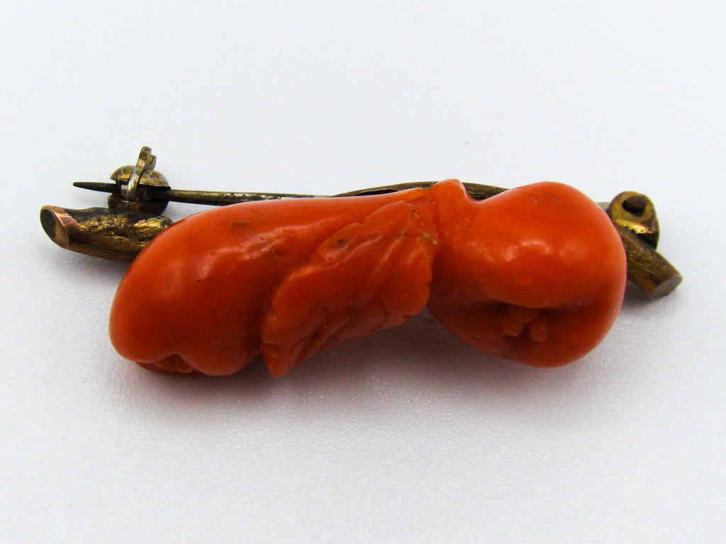 antique coral, natural coral, undyed coral, dark orange coral, Italian coral, pacific coral, Sardinian Coral, sea coral, Mediterranean coral, Mediterranean brooch, Mediterranean orange, coral brooch, handcarved coral