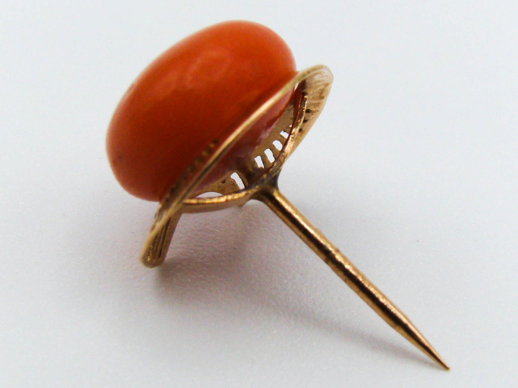 antique coral, natural coral, undyed coral, dark orange coral, Italian coral, pacific coral, Sardinian Coral, sea coral, Mediterranean coral, Mediterranean orange, handcarved coral, coral pin, orange coral, 14 karat gold