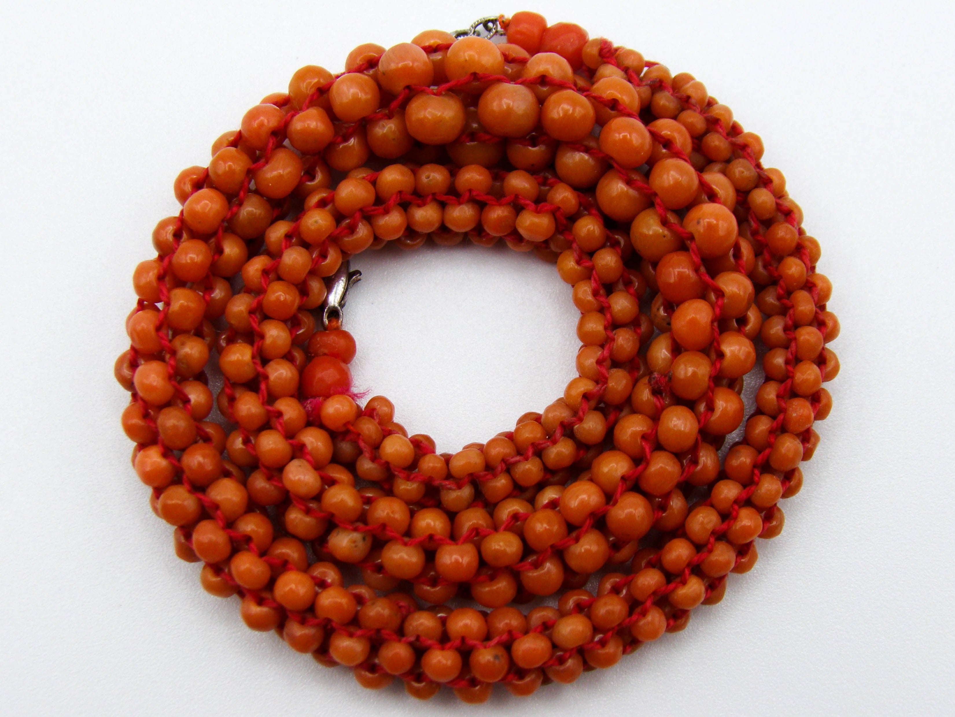 antique coral, natural coral, undyed coral, dark orange coral, Italian coral, pacific coral, Sardinian Coral, sea coral, Mediterranean coral, Mediterranean necklace, Mediterranean chain, coral necklace, handcarved coral, sterling silver clasp, Mediterranean orange