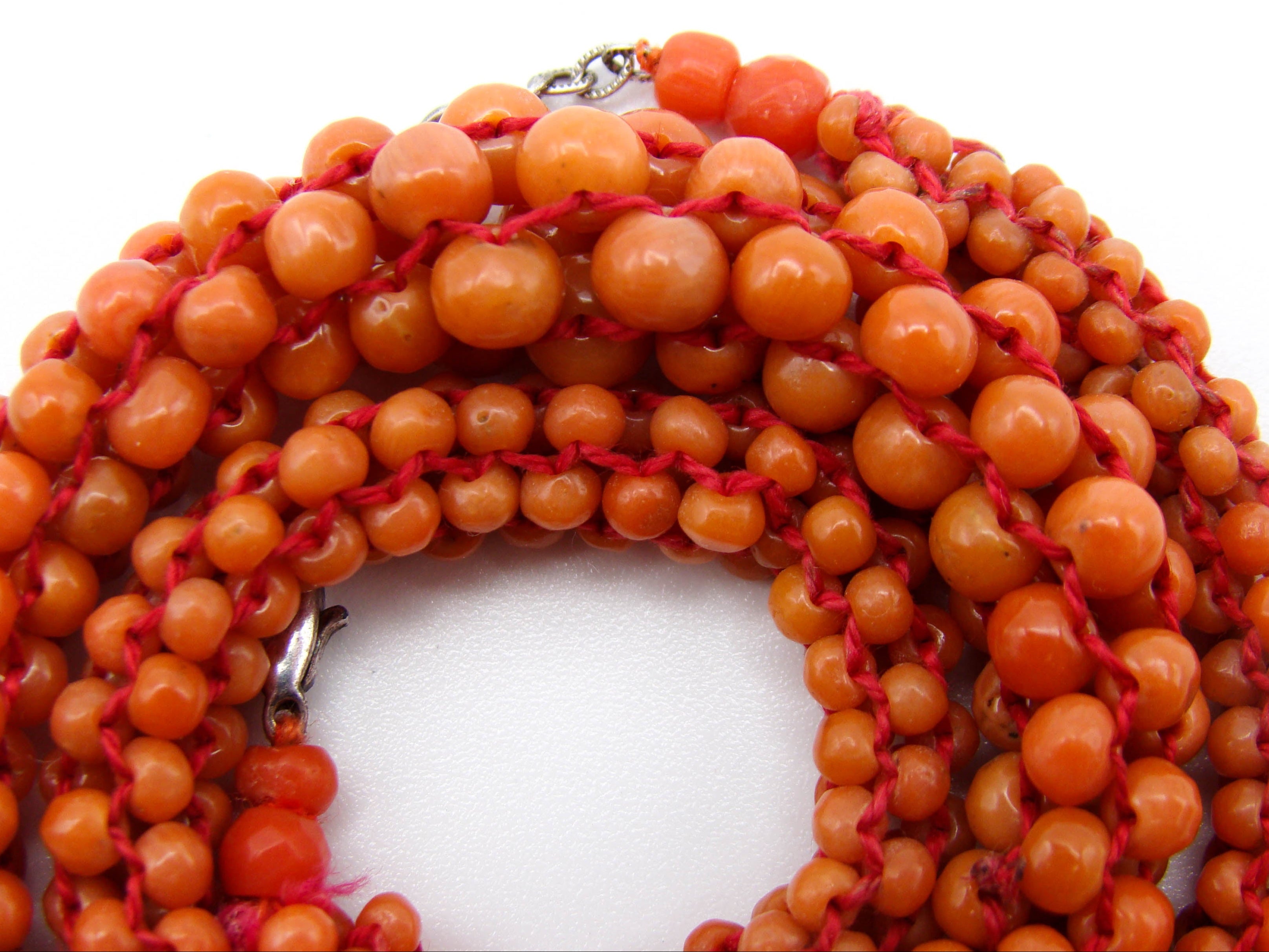 antique coral, natural coral, undyed coral, dark orange coral, Italian coral, pacific coral, Sardinian Coral, sea coral, Mediterranean coral, Mediterranean necklace, Mediterranean chain, coral necklace, handcarved coral, sterling silver clasp, Mediterranean orange