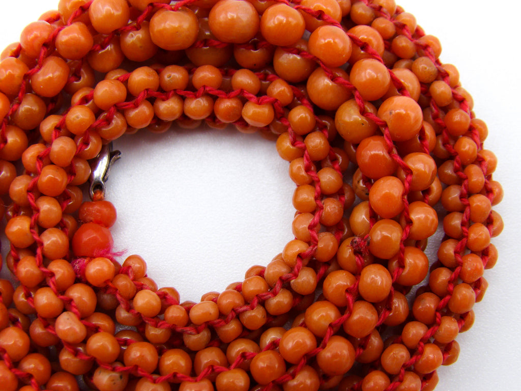 antique coral, natural coral, undyed coral, dark orange coral, Italian coral, pacific coral, Sardinian Coral, sea coral, Mediterranean coral, Mediterranean necklace, Mediterranean chain, coral necklace, handcarved coral, sterling silver clasp, Mediterranean orange