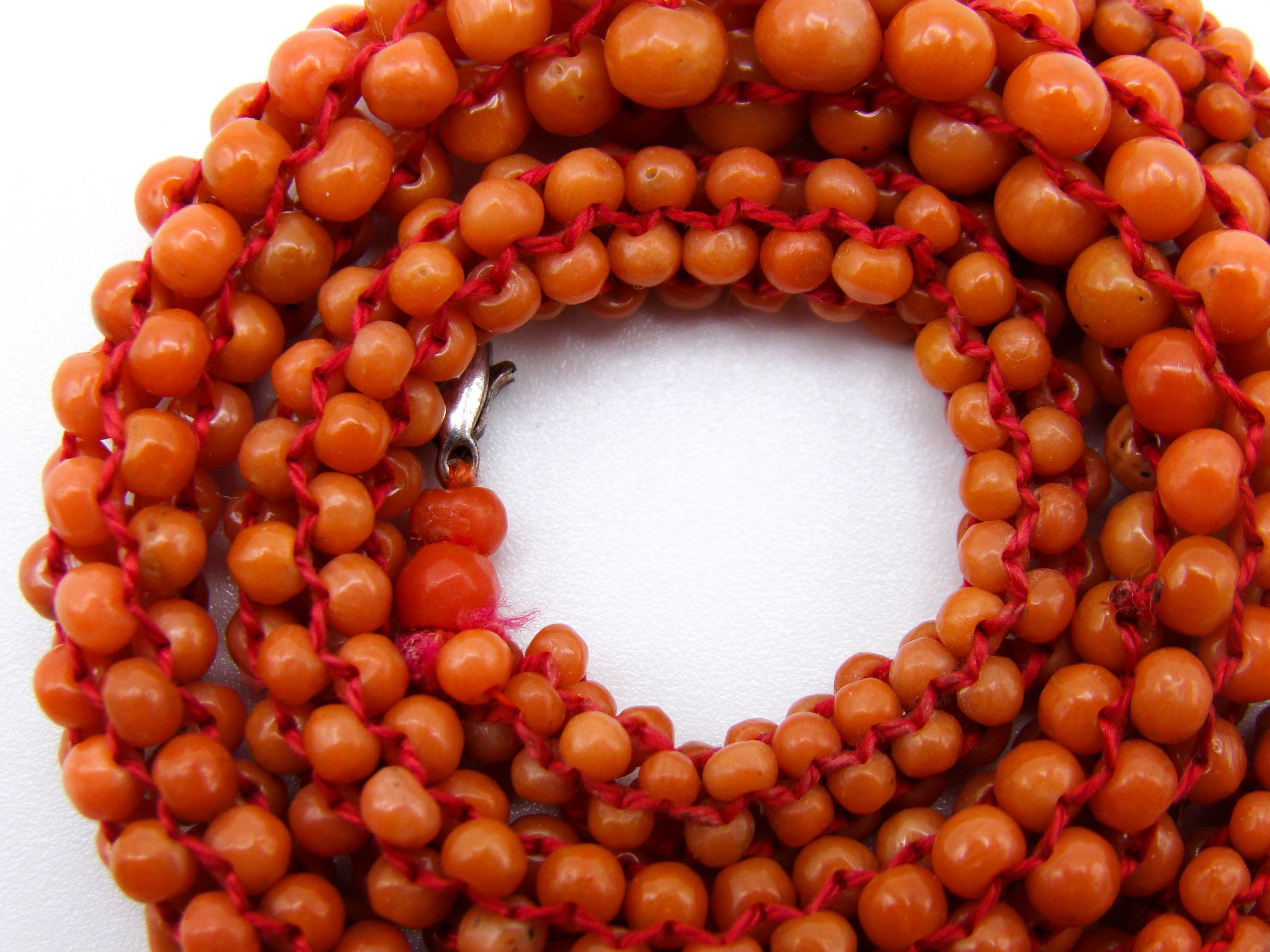 antique coral, natural coral, undyed coral, dark orange coral, Italian coral, pacific coral, Sardinian Coral, sea coral, Mediterranean coral, Mediterranean necklace, Mediterranean chain, coral necklace, handcarved coral, sterling silver clasp, Mediterranean orange
