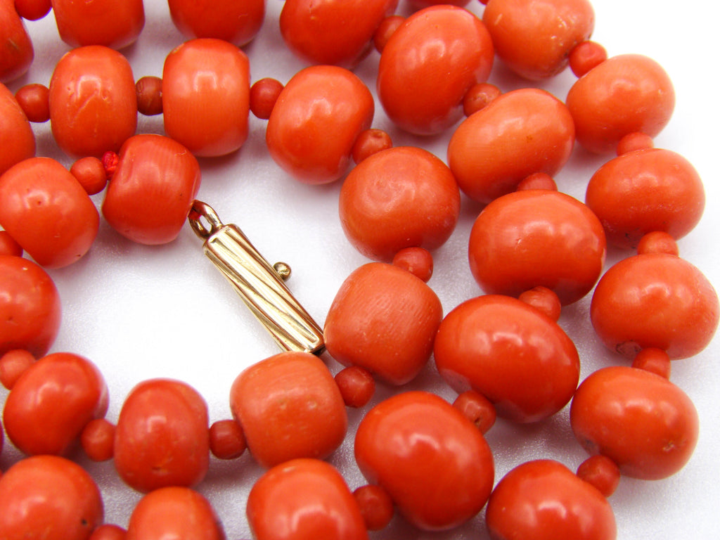 antique coral, natural coral, undyed coral, dark red coral, blood red coral, Italian coral, pacific coral, Sardinian Coral, red coral, sea coral, Mediterranean necklace, Mediterranean coral, Mediterranean chain, coral beads, handcarved, aka red, handcarved, 14 karat gold clasp
