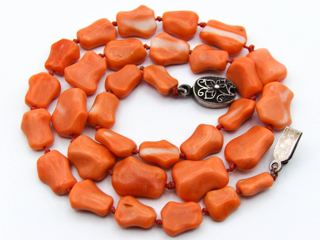 antique coral, natural coral, undyed coral, momo salmon coral, Italian coral, pacific coral, Sardinian Coral, sea coral, Mediterranean coral, Mediterranean necklace, Mediterranean chain, coral necklace, Mediterranean momo coral, handcarved coral, momo coral, salmon coral, Sterling silver clasp