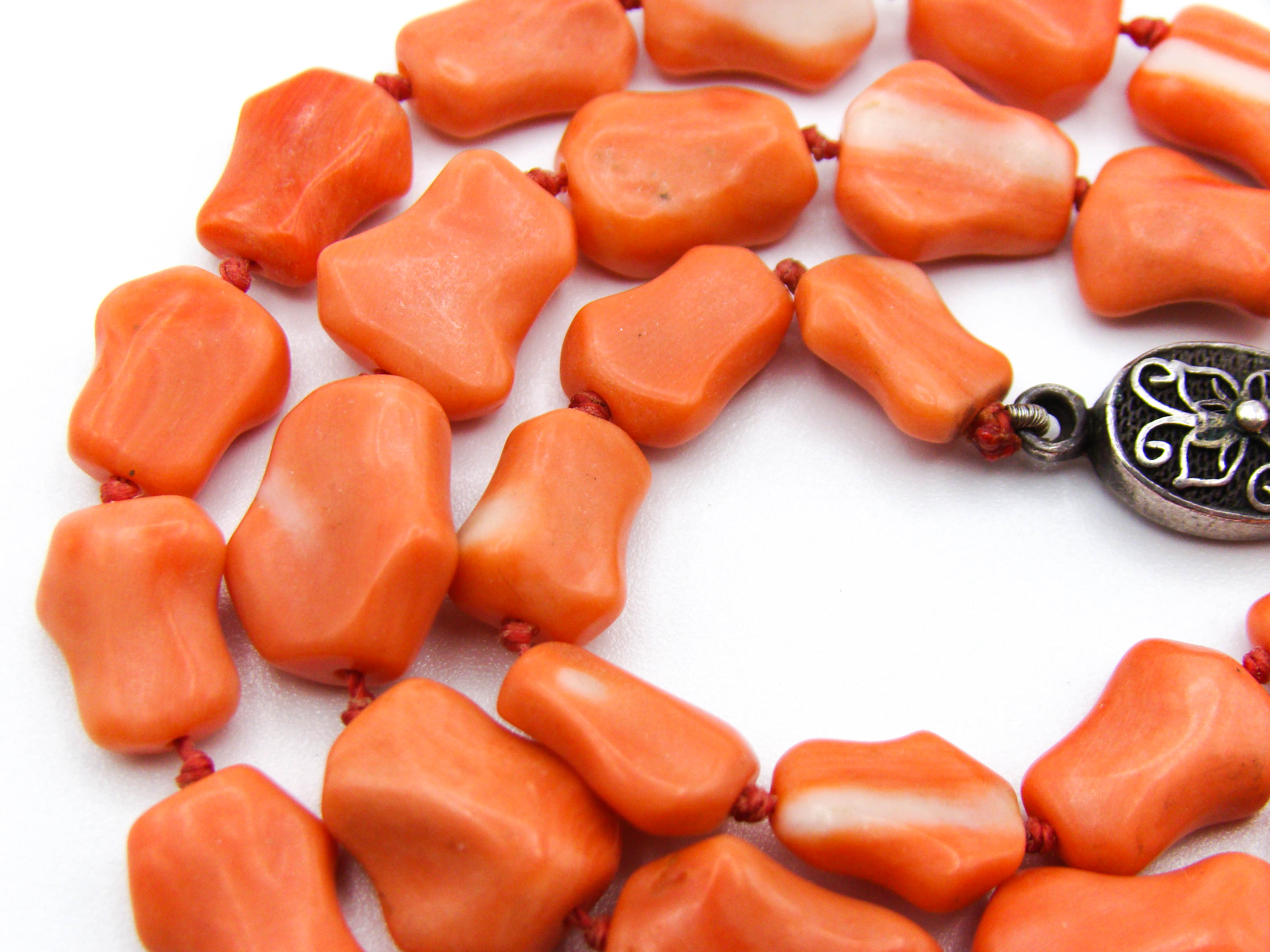 antique coral, natural coral, undyed coral, momo salmon coral, Italian coral, pacific coral, Sardinian Coral, sea coral, Mediterranean coral, Mediterranean necklace, Mediterranean chain, coral necklace, Mediterranean momo coral, handcarved coral, momo coral, salmon coral, Sterling silver clasp