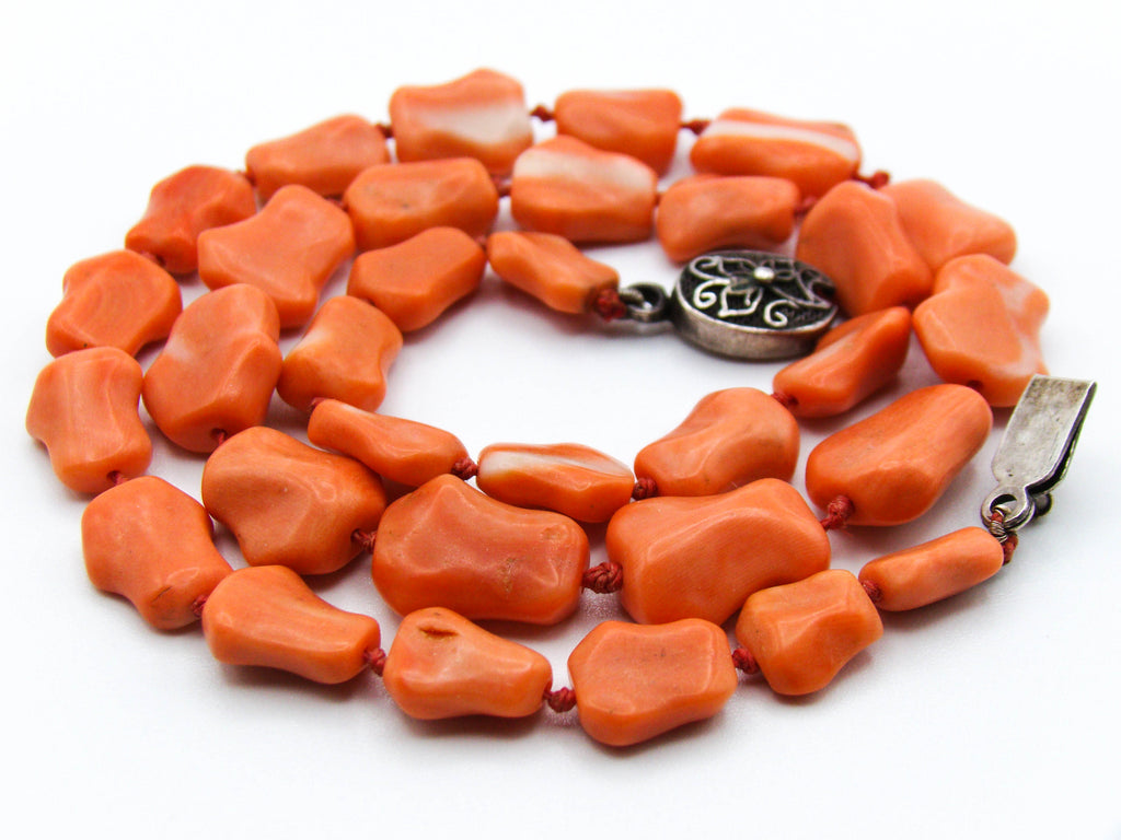 antique coral, natural coral, undyed coral, momo salmon coral, Italian coral, pacific coral, Sardinian Coral, sea coral, Mediterranean coral, Mediterranean necklace, Mediterranean chain, coral necklace, Mediterranean momo coral, handcarved coral, momo coral, salmon coral, Sterling silver clasp