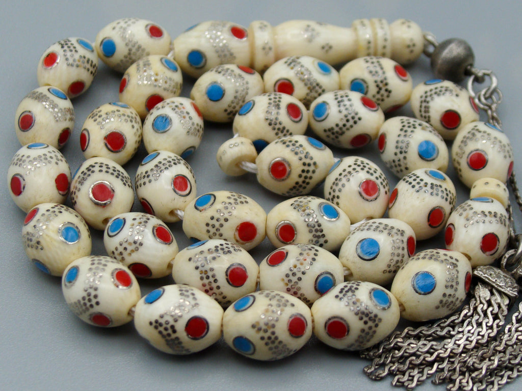 Antique Ivory, Natural Ivory, Mediterranean Ivory, handcarved Ivory, Asien Ivory, Elephant Ivory, Ivory Chain, Ivory necklace, Ivory Rosary, Rosary beads,  مسبحة, Masbaha, Muslim prayer beads, Sterling Silver
