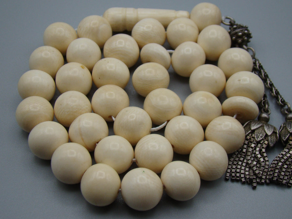 Antique Ivory, Natural Ivory, Mediterranean Ivory, handcarved Ivory, Asien Ivory, Elephant Ivory, Ivory Chain, Ivory necklace, Ivory Rosary, Rosary beads,  مسبحة, Masbaha, Muslim prayer beads, Sterling Silver