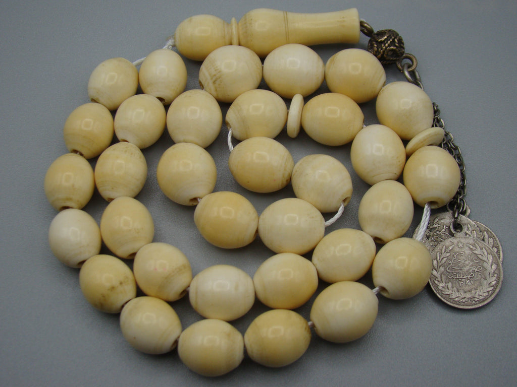 Antique Ivory, Natural Ivory, Mediterranean Ivory, handcarved Ivory, Asien Ivory, Elephant Ivory, Ivory Chain, Ivory necklace, Ivory Rosary, Rosary beads,  مسبحة, Masbaha, Muslim prayer beads, Sterling Silver