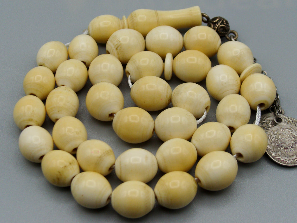 Antique Ivory, Natural Ivory, Mediterranean Ivory, handcarved Ivory, Asien Ivory, Elephant Ivory, Ivory Chain, Ivory necklace, Ivory Rosary, Rosary beads,  مسبحة, Masbaha, Muslim prayer beads, Sterling Silver