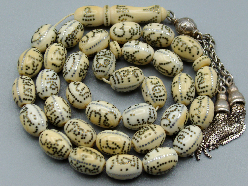 Antique Ivory, Natural Ivory, Mediterranean Ivory, handcarved Ivory, Asien Ivory, Elephant Ivory, Ivory Chain, Ivory necklace, Ivory Rosary, Rosary beads,  مسبحة, Masbaha, Muslim prayer beads, Sterling Silver