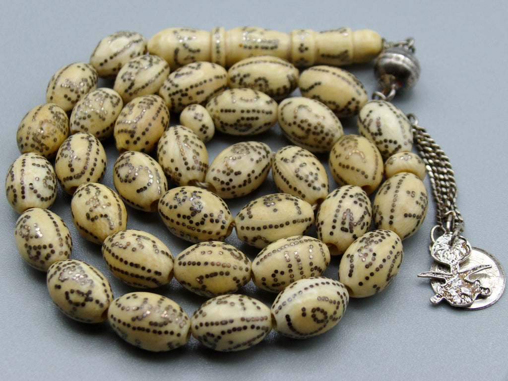 Antique Ivory, Natural Ivory, Mediterranean Ivory, handcarved Ivory, Asien Ivory, Elephant Ivory, Ivory Chain, Ivory necklace, Ivory Rosary, Rosary beads,  مسبحة, Masbaha, Muslim prayer beads, Sterling Silver