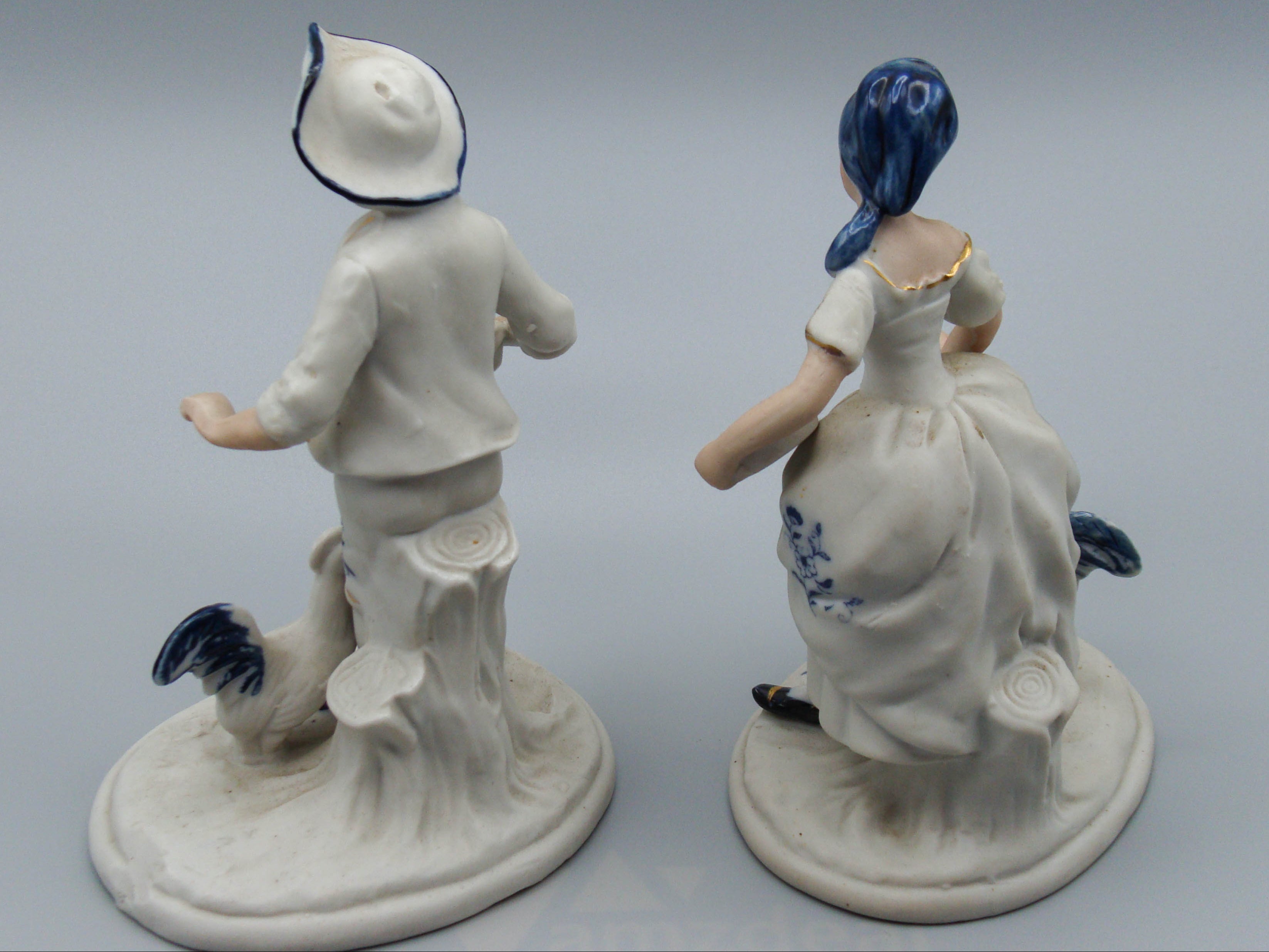 Blue and While porcelain, Dutch Porcelain, Couple Figurine, Chicken figurine