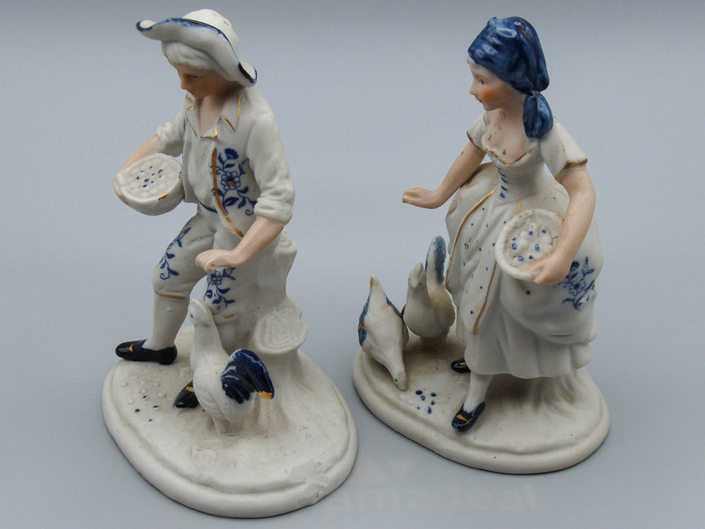 Blue and While porcelain, Dutch Porcelain, Couple Figurine, Chicken figurine