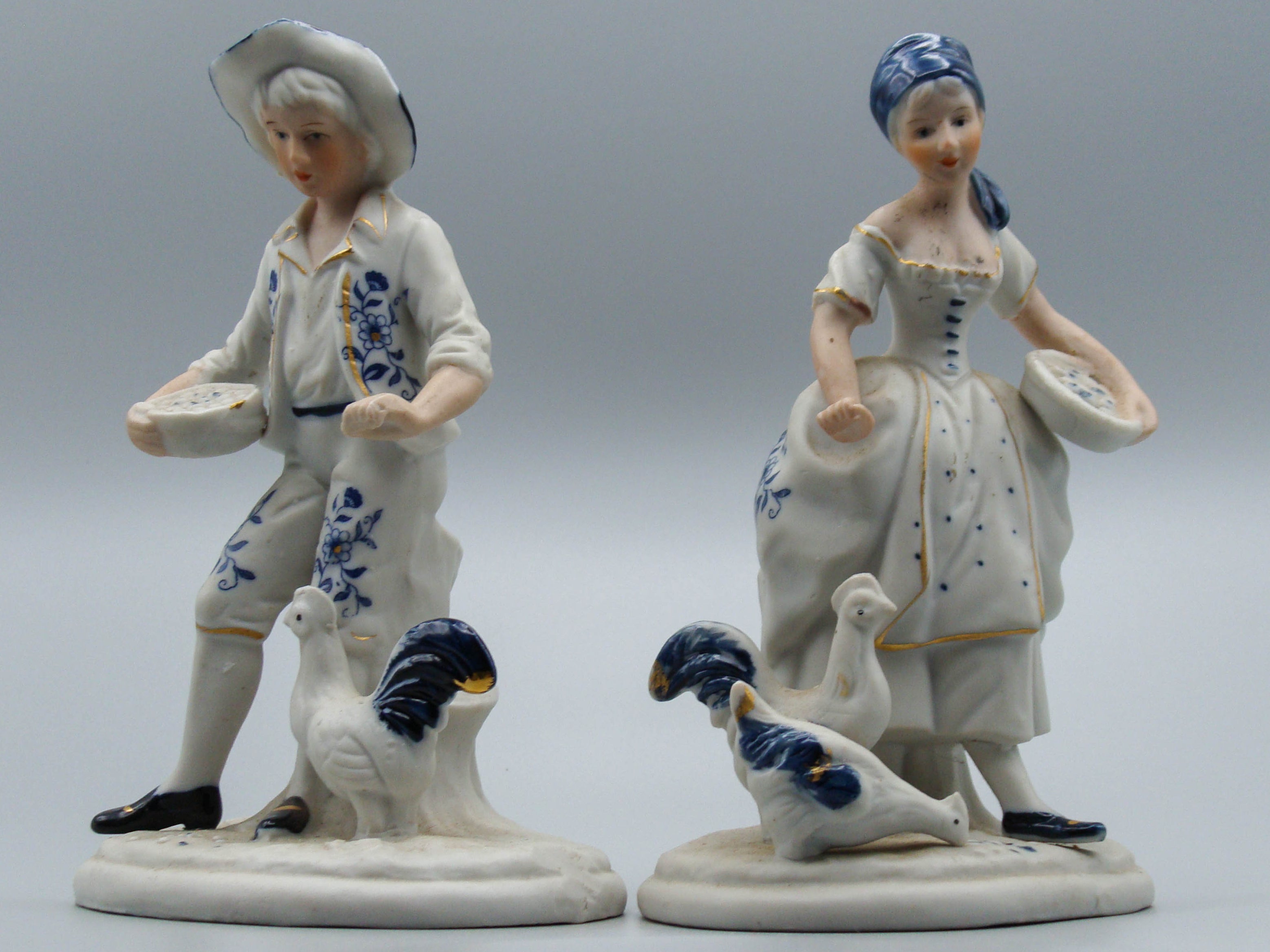 Blue and While porcelain, Dutch Porcelain, Couple Figurine, Chicken figurine