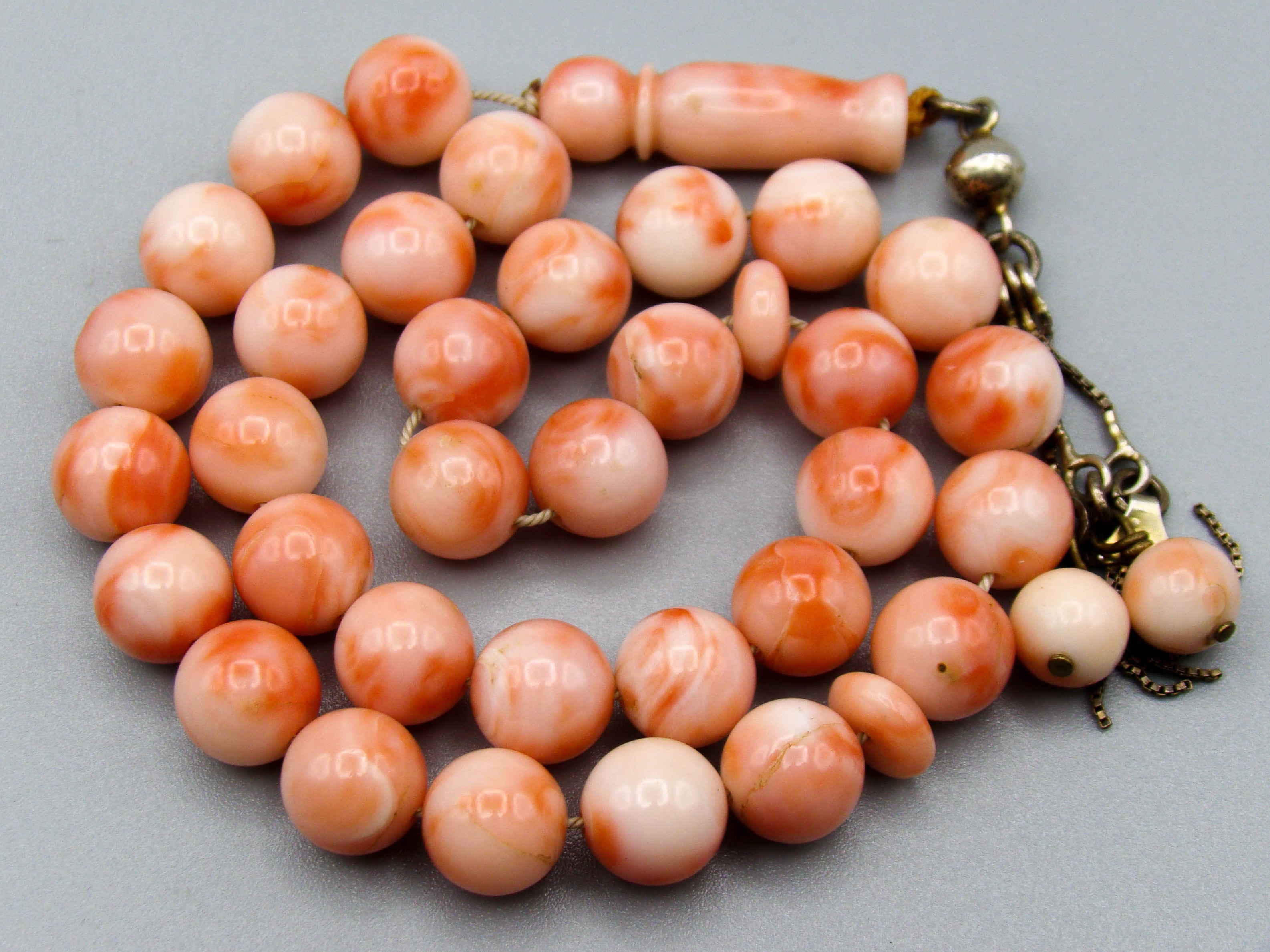antique coral, natural coral, undyed coral, White angel skin coral, Italian coral, pacific coral, Sardinian Coral, sea coral, Mediterranean coral, Mediterranean Rosary, Mediterranean angel skin Rosary, White coral Rosary, handcarved coral, Sterling silver tassel, مسبحة, Masbaha, Muslim prayer beads, Rosa Coral