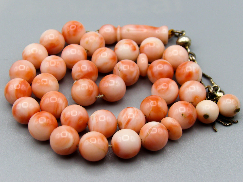 antique coral, natural coral, undyed coral, White angel skin coral, Italian coral, pacific coral, Sardinian Coral, sea coral, Mediterranean coral, Mediterranean Rosary, Mediterranean angel skin Rosary, White coral Rosary, handcarved coral, Sterling silver tassel, مسبحة, Masbaha, Muslim prayer beads, Rosa Coral